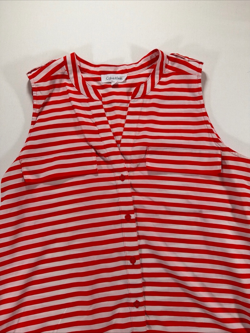 Calvin Klein Red and White Striped Sleeveless Button-Front Top